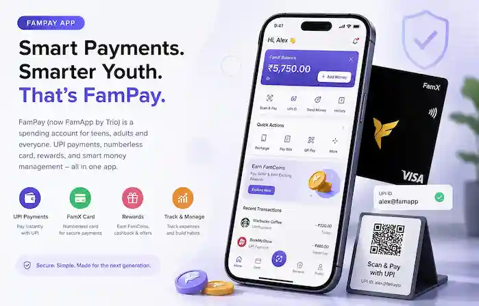 FamApp payment app interface showing UPI payments, the FamX card, and rewards